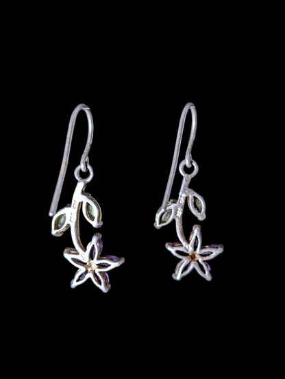 Vintage Flower Prong Set Genuine Amethyst and Peridot Sterling Silver Earrings