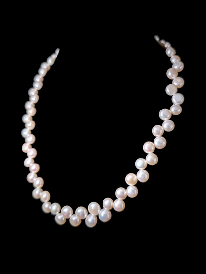 Vintage Hand Threaded Genuine Cultured Freshwater Button Shaped Pearl Staggered Necklace