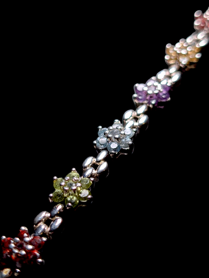 Vintage Flower Genuine Multi Gemstone Sterling Silver Tennis Bracelet