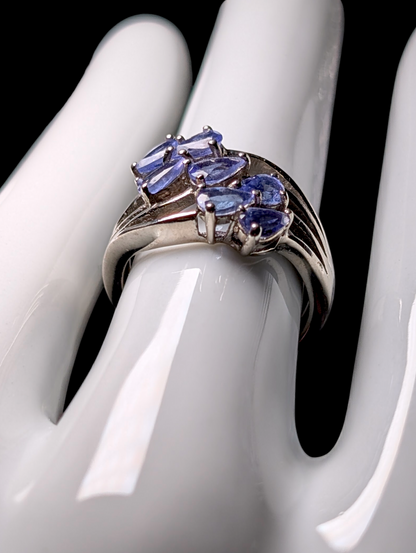 Vintage Waterfall Cluster Pear Cut Earth Mined Genuine Tanzanite Sterling Silver Ring