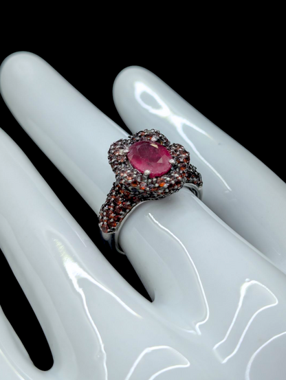Vintage Earth Mined Genuine Ruby Solitaire and Spessartite Garnet Clustered Flower Mount Rhodium over Sterling Silver Ring