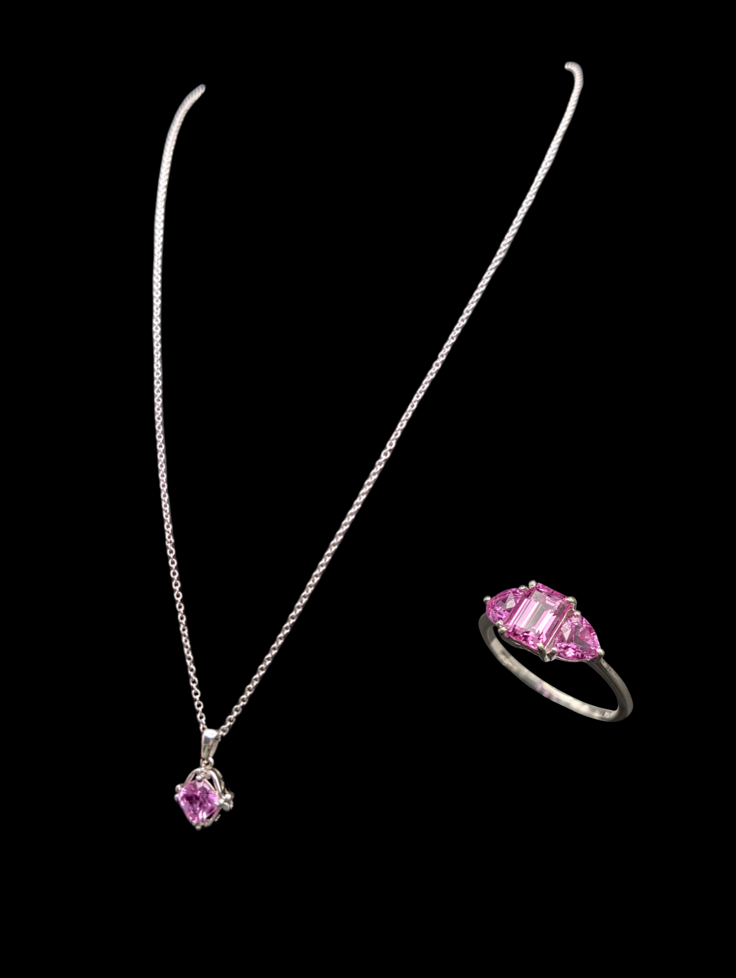 Vintage Inspired Pink Sapphire Sterling Silver Pendant, Necklace and 3 Stone Emerald Trillion Cut Ring Set