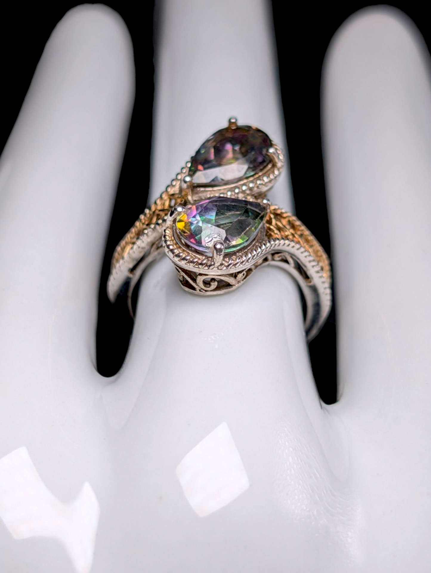 Vintage Inspired Pear Cut Twin Genuine Mystic Topaz with 14k Gold Filigree and Sterling Silver Wrap Ring
