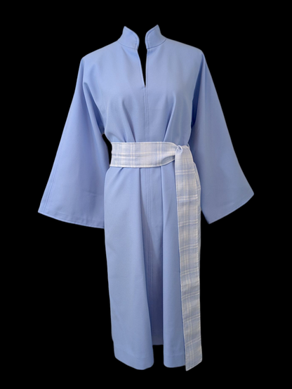 1970s Periwinkle Blue Long Bell Sleeve Tunic with Long Tartan Belt