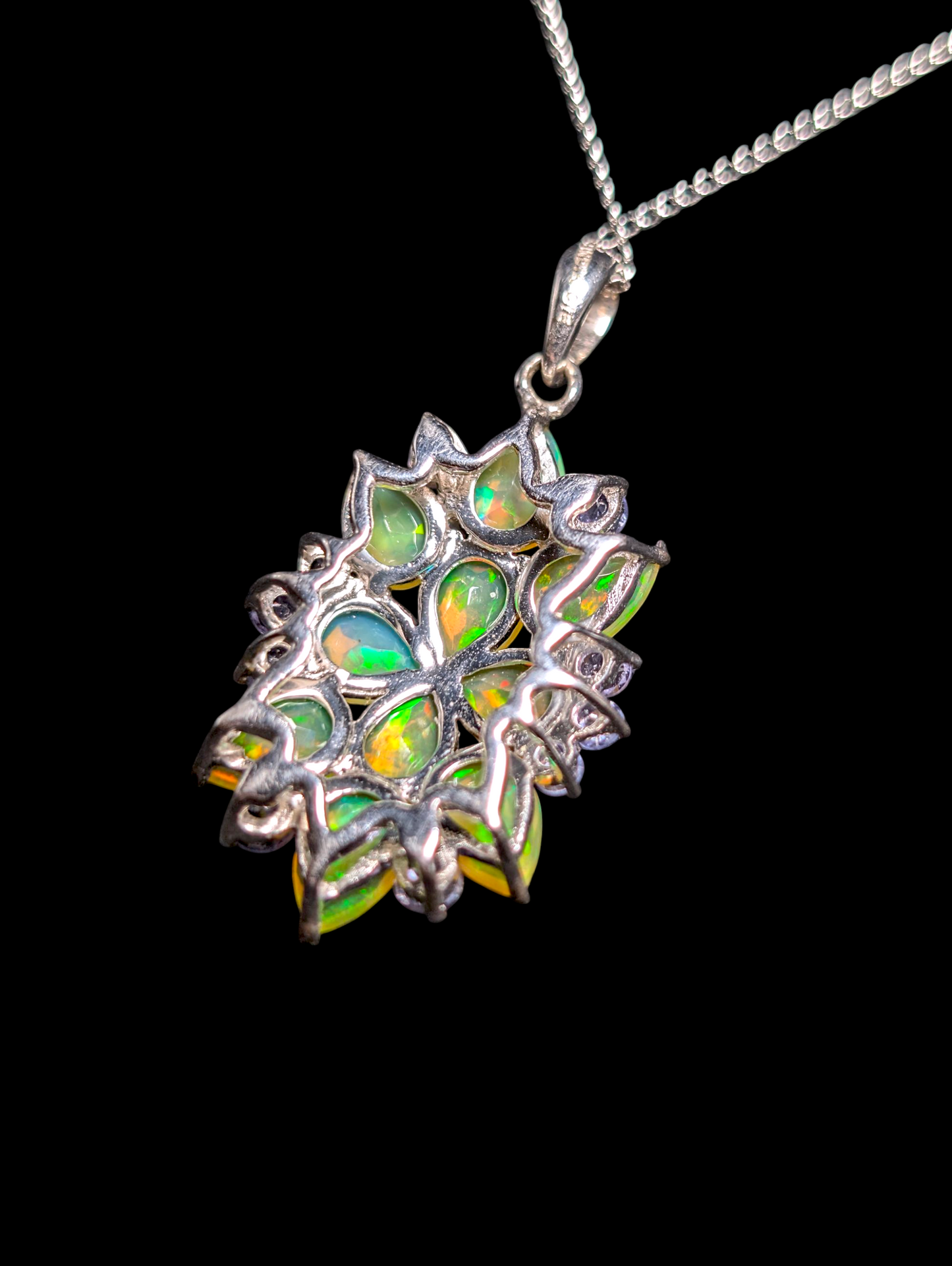 Vintage Inspired Earth Mined Genuine Ethiopian Welo Fire Opal and Tanzanite Cluster Sterling Silver Pendant