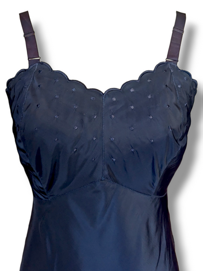 1940s Candie Barbizon Tafredda Navy Blue Slip Dress with Silk Embroidery