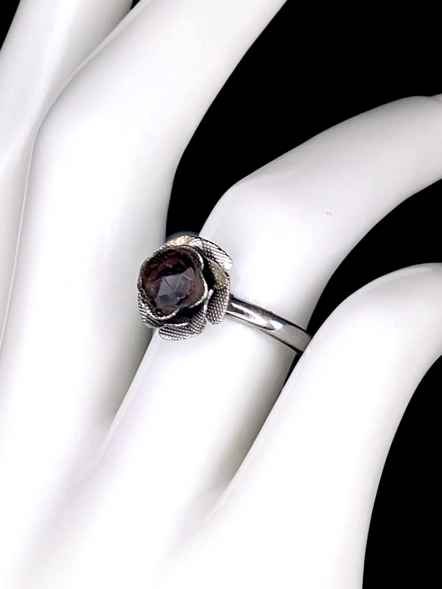 Vintage Inspired Rose Cut Simulated Smoky Quartz Solitaire on Rose Sculpted Mount Silver Toned Ring