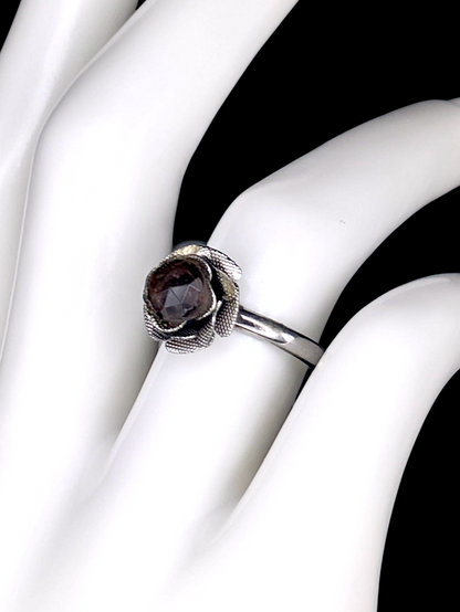 Vintage Inspired Rose Cut Simulated Smoky Quartz Solitaire on Rose Sculpted Mount Silver Toned Ring