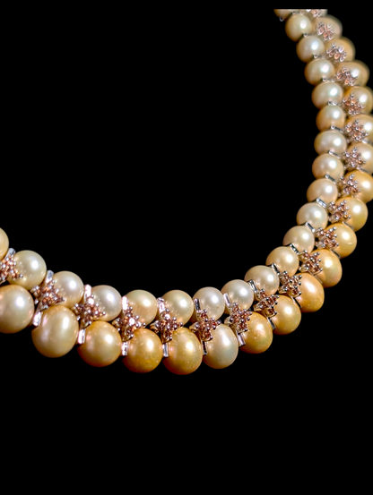 Vintage Stunning Lucas Lameth Designer Genuine Champagne and Golden Pearl with Orange Rhinestones Sterling Silver Necklace