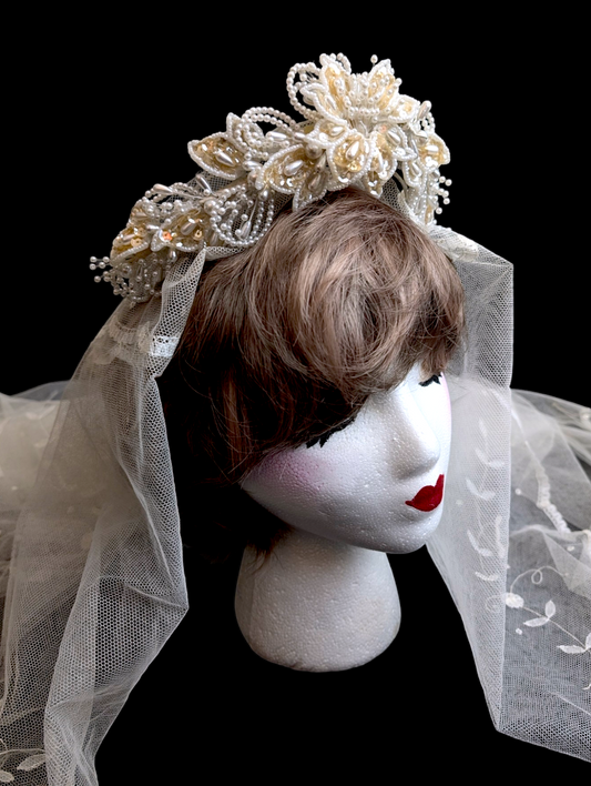 1980s Dazzling Fantasy Flower Headpiece Crown with Sequins and Pearls