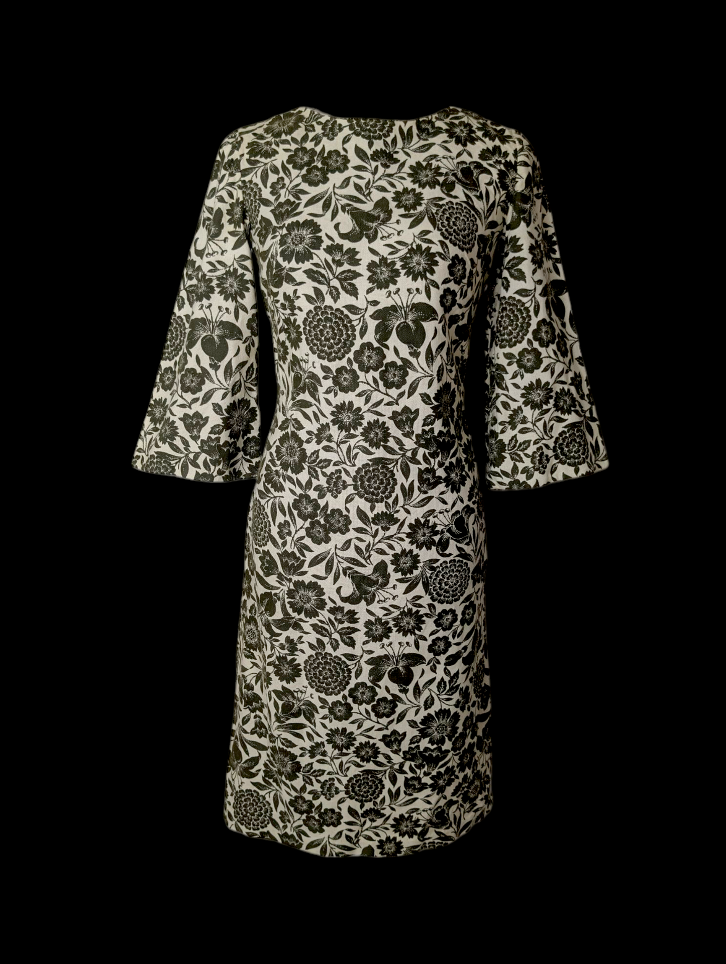 1960s Vintage Mod Green and Cream Boat Neck, 3/4 Bell Sleeve, in Broadcloth Handmade Dress