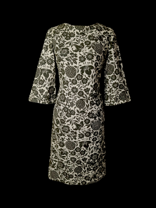 1960s Vintage Mod Green and Cream Boat Neck, 3/4 Bell Sleeve, in Broadcloth Handmade Dress