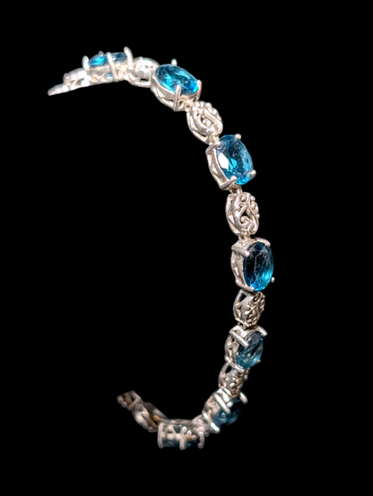 Vintage 8+ Carat Oval Cut Genuine London Blue Topaz Sterling Silver Tennis Bracelet