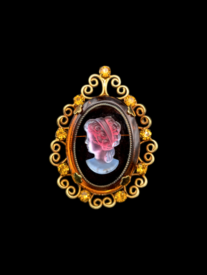 1960s Juliana D&E Celebrity NY Amber Glass Iridescent Cameo with Gold Filigree and Orange Rhinestone Brooch Pin Pendant