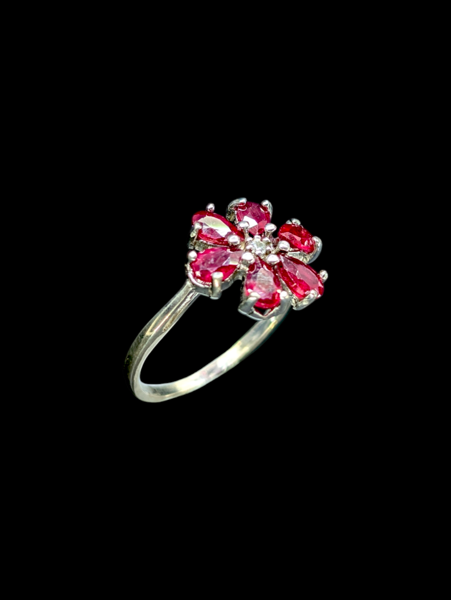 Vintage Flower Genuine Ruby and Genuine White Topaz Rhodium Over Sterling Silver Ring