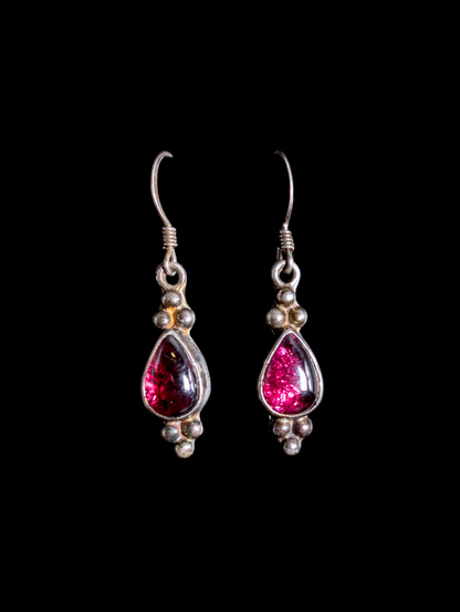 Vintage Tear Drop Cabochon Genuine Rhodolite Garnet Sterling Silver Earrings