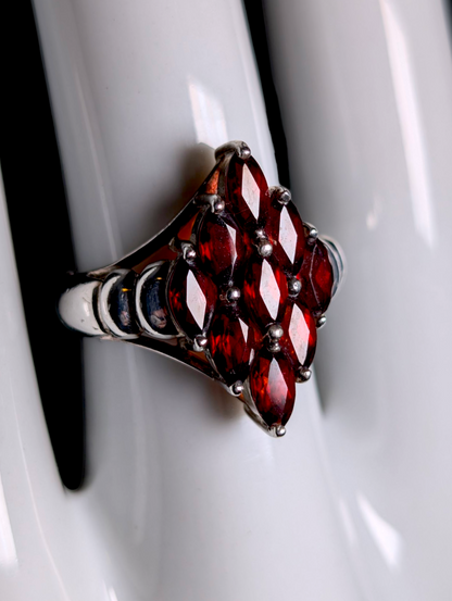 Vintage Marquise Cut Genuine Pyrope Garnet Cluster Sterling Silver Ring