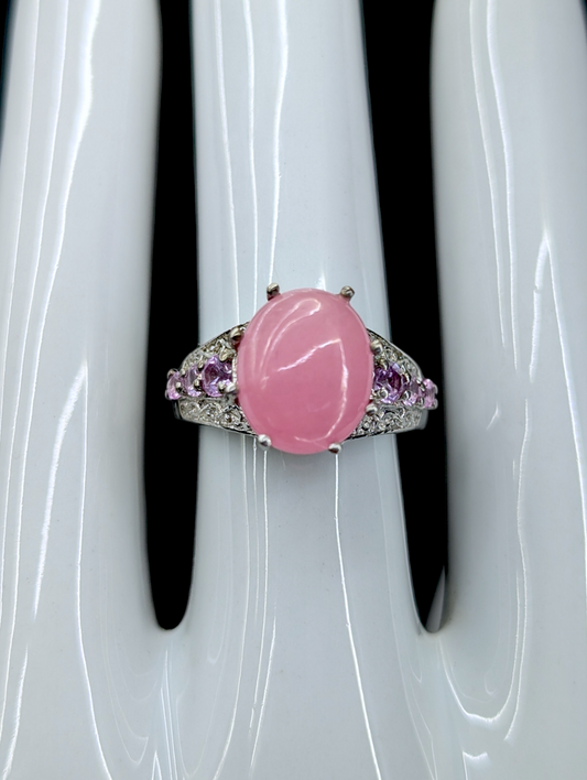 Vintage Karis Oval Cabochon Cut Genuine Pink Jade and Genuine Pink Sapphire Sterling Silver Ring