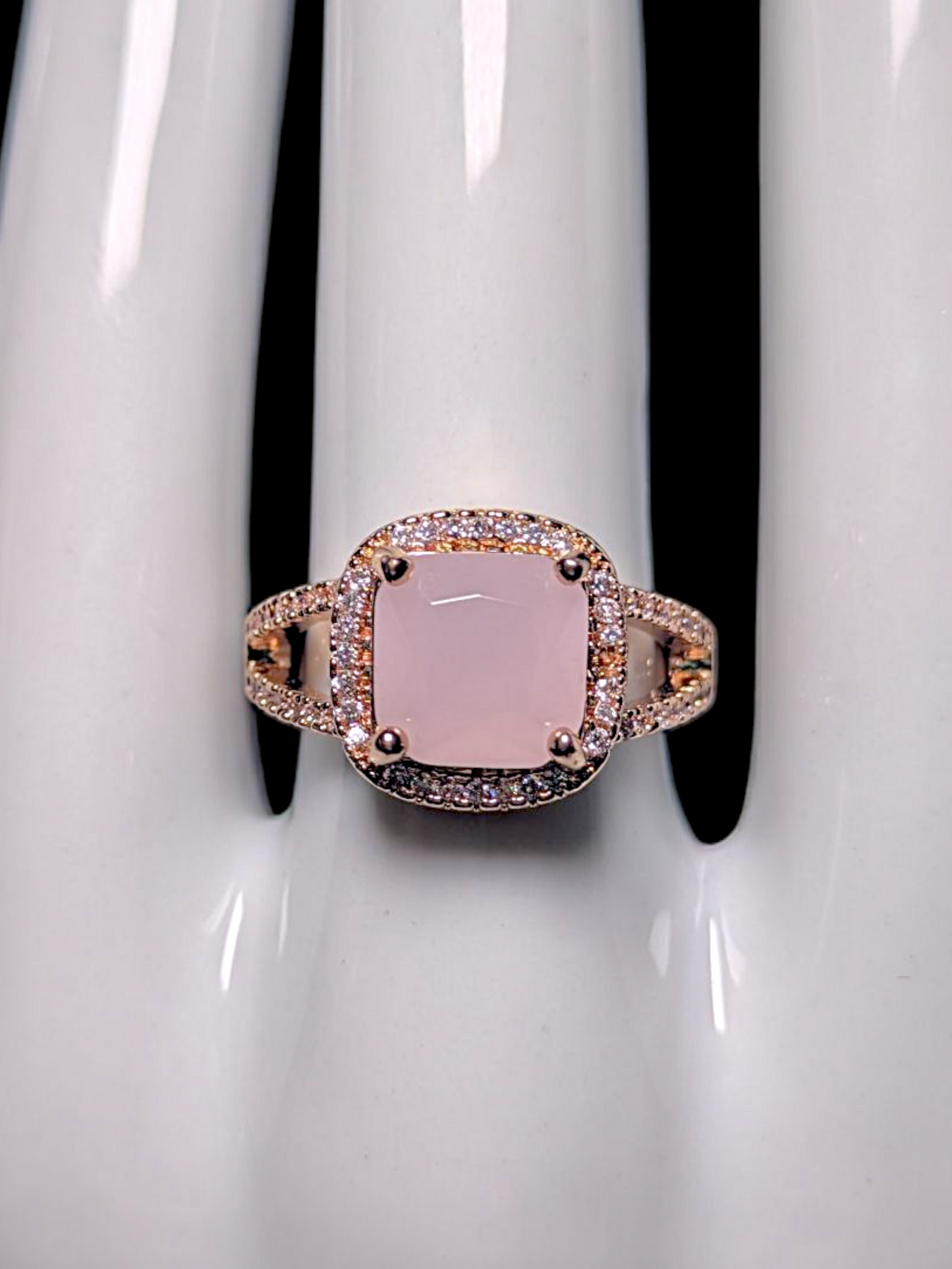 Vintage Inspired Cushion Cut Simulated Rose Quartz Solitaire with Simulated Diamond Halo Rose Gold Toned Ring