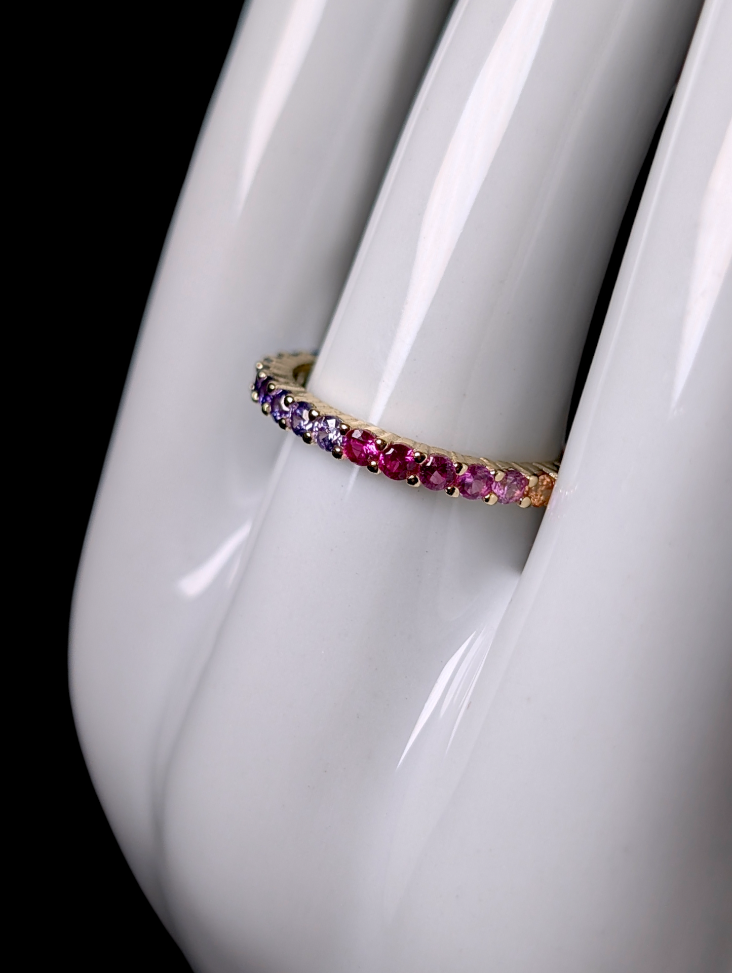 Vintage Rainbow Multi-Gemstone Round Cut Genuine Ruby, Tourmaline, Sapphire Yellow Gold over Sterling Eternity Band Ring