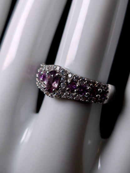 Vintage Genuine Pink Sapphire Solitaire with Pink Tourmaline Accent Stones and White Topaz Halo Sterling Silver Ring