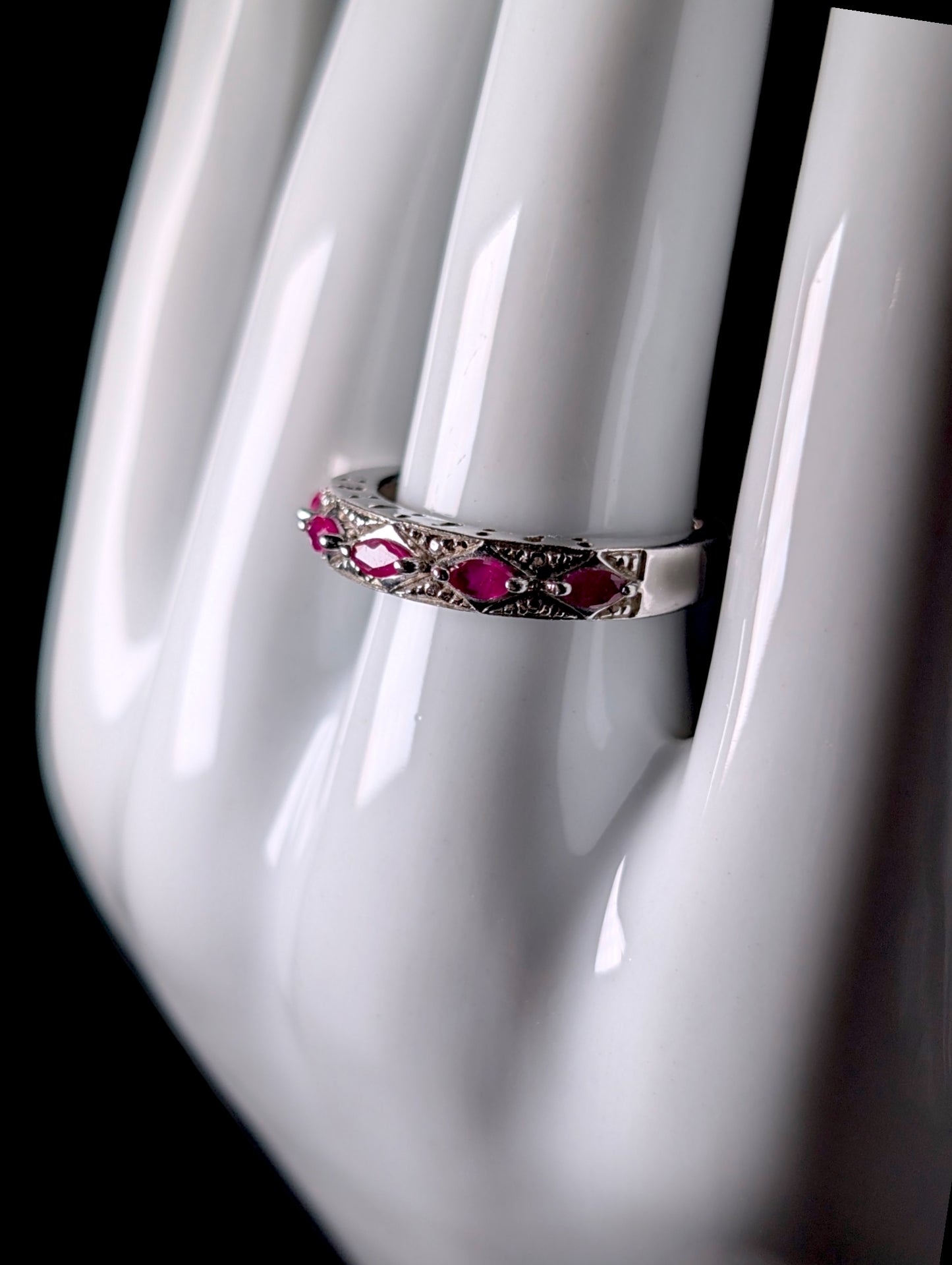 Vintage Marquise Row Genuine Ruby Eternity Band Sterling Silver Ring