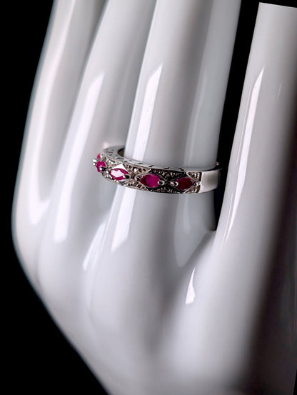 Vintage Marquise Row Genuine Ruby Eternity Band Sterling Silver Ring