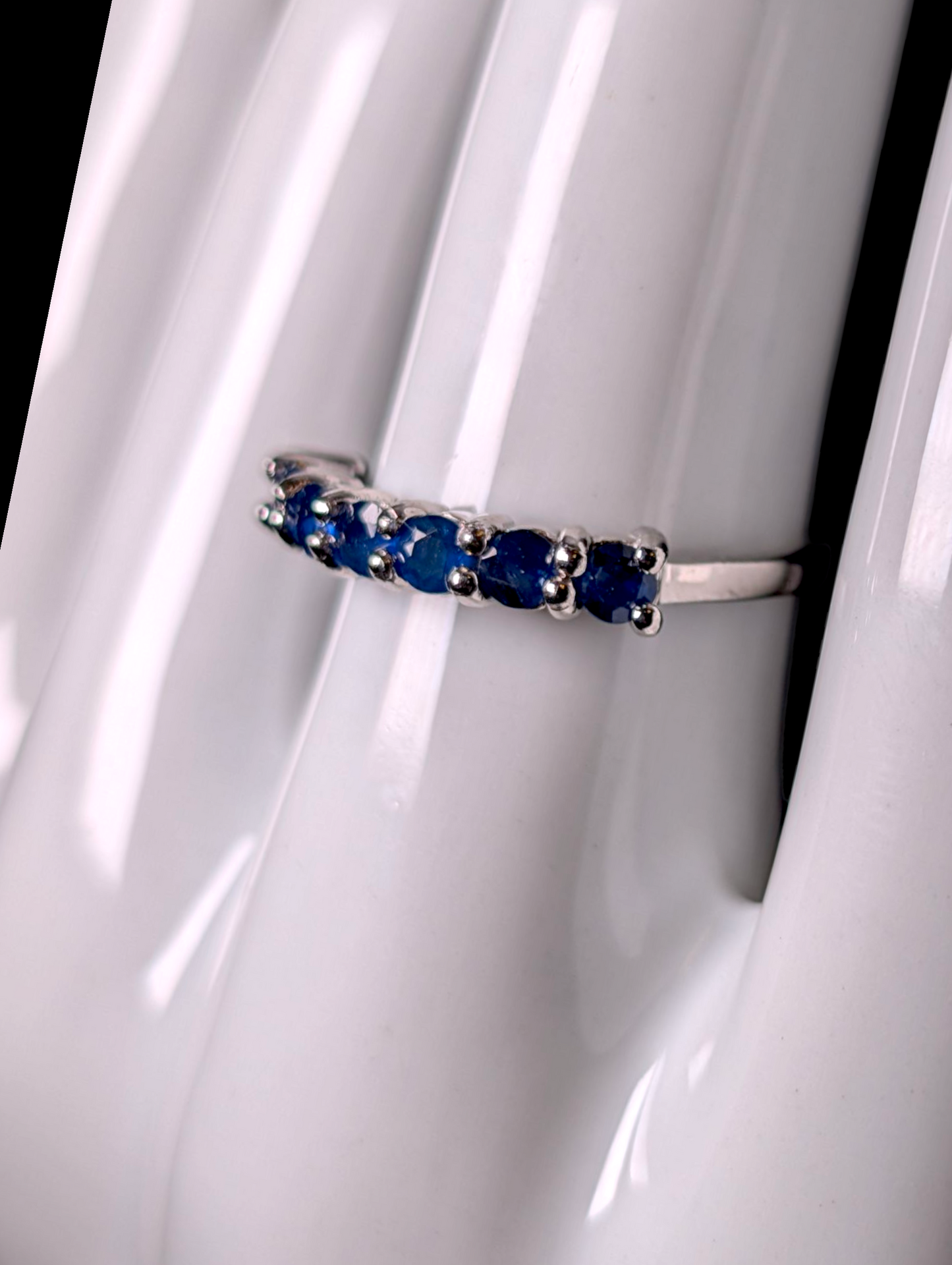 Vintage Round Cut Half Infinity Genuine Royal Blue Sapphire Rhodium Over Sterling Silver Ring Stackable Band