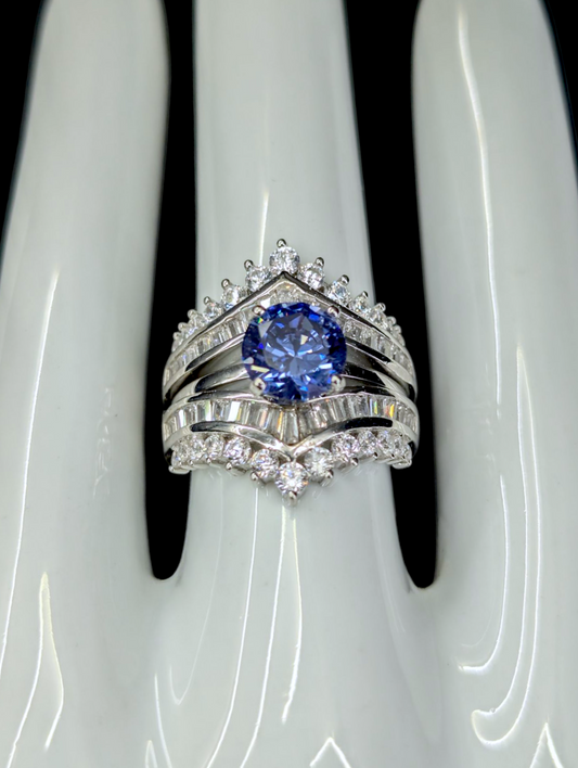 Vintage Inspired Simulated Tanzanite and Diamond 3 Piece Sterling Silver Ring Set