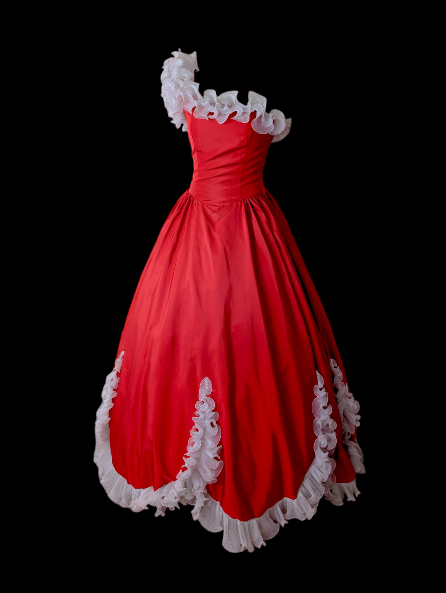 1960s-1970s Vintage Red Dress with White Ruffle Trim Details, One Sleeve, and Full Skirt Holiday Christmas Ball Gown