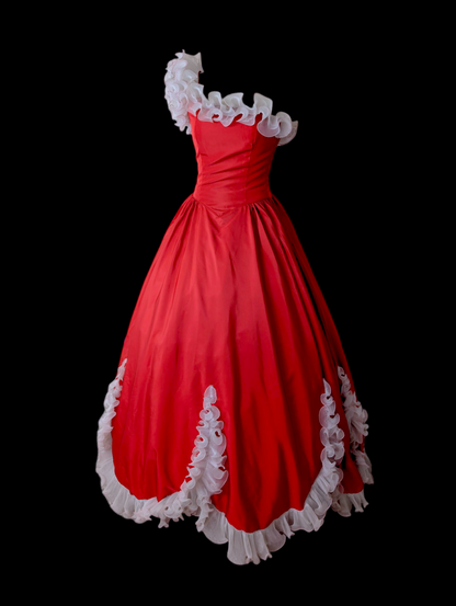 1960s-1970s Vintage Red Dress with White Ruffle Trim Details, One Sleeve, and Full Skirt Holiday Christmas Ball Gown