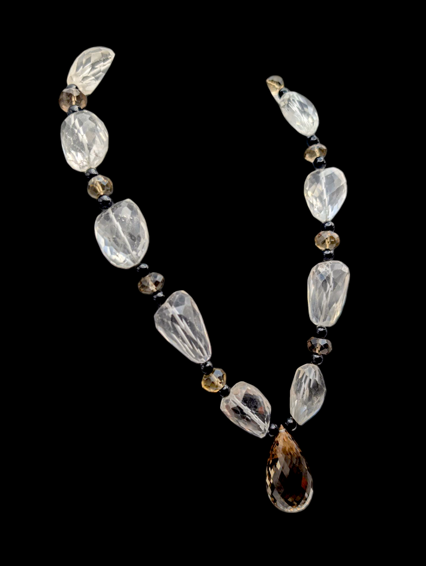 Vintage Briolette Cut Genuine Smoky Quartz, Crystal Quartz and Black Onyx Bead Sterling Silver Statement Necklace