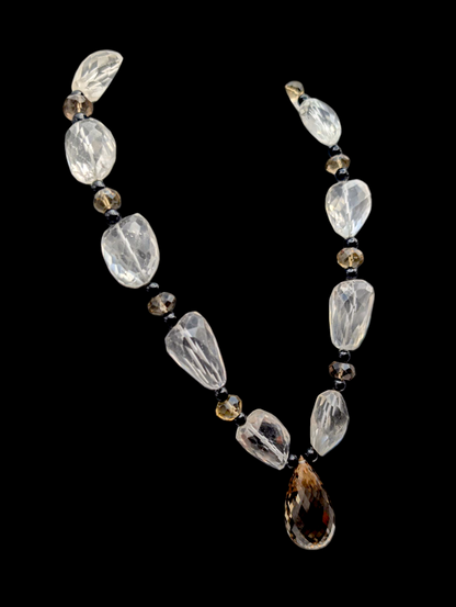 Vintage Briolette Cut Genuine Smoky Quartz, Crystal Quartz and Black Onyx Bead Sterling Silver Statement Necklace