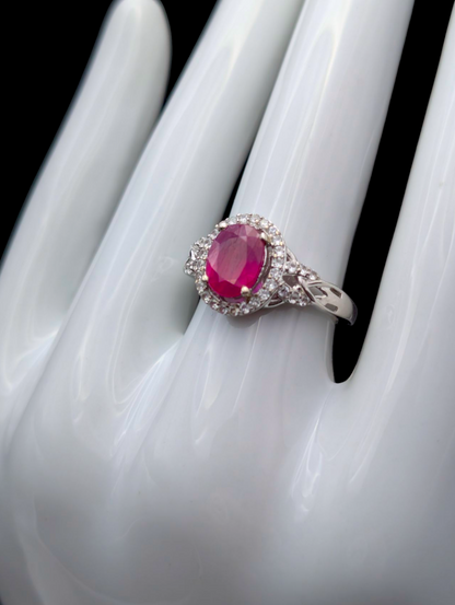 Vintage 5+ Carats Earth Mined Genuine Ruby and Diamond Halo Necklace, Ring and Earrings Sterling Silver 3 Piece Set