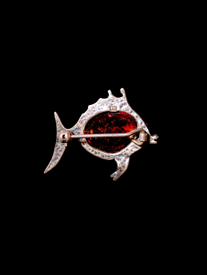 Vintage Fish Genuine Baltic Amber Jelly Belly Sterling Silver Brooch Pin