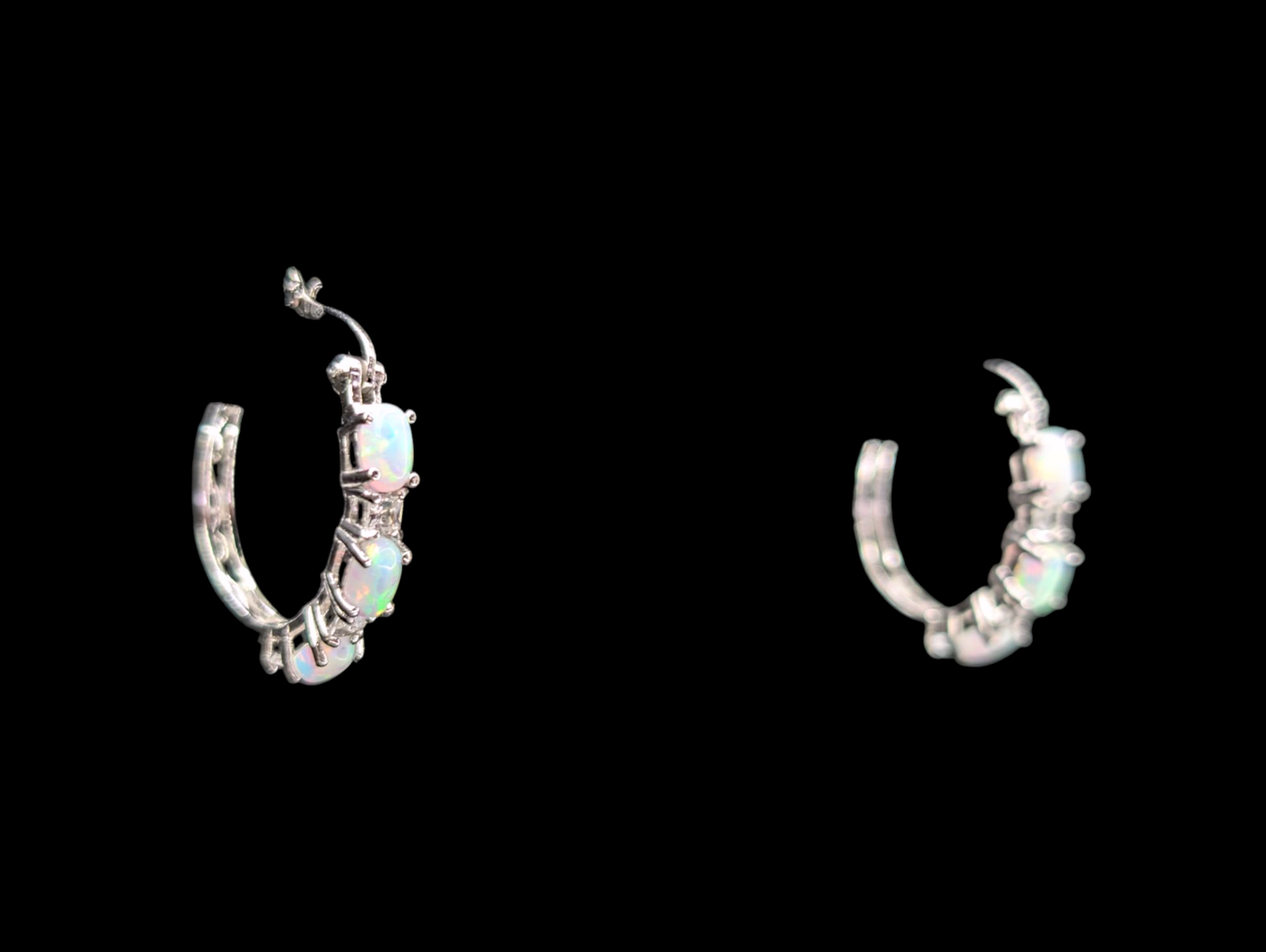 Vintage Genuine Opal and White Topaz Sterling Silver Hoop Earrings