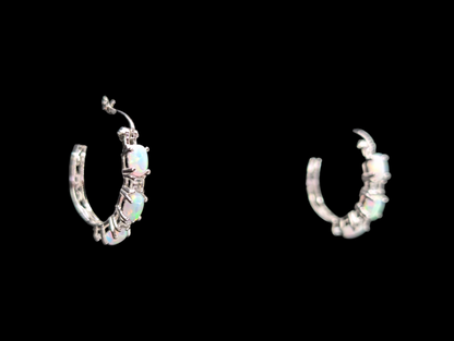 Vintage Genuine Opal and White Topaz Sterling Silver Hoop Earrings