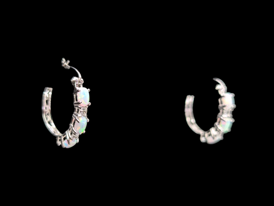 Vintage Genuine Opal and White Topaz Sterling Silver Hoop Earrings