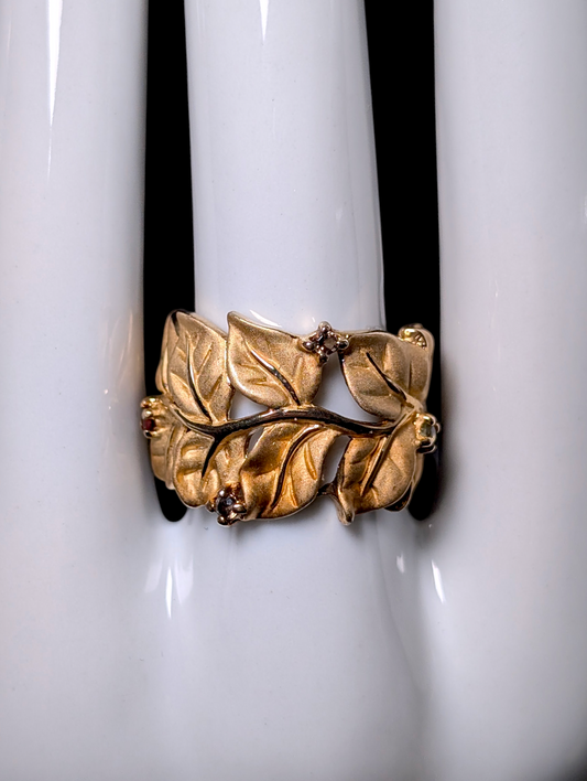 Vintage Golden Leaves with Genuine Multi-Gemstones 10kt Gold Vermeil Matte Finish Wide Band Ring