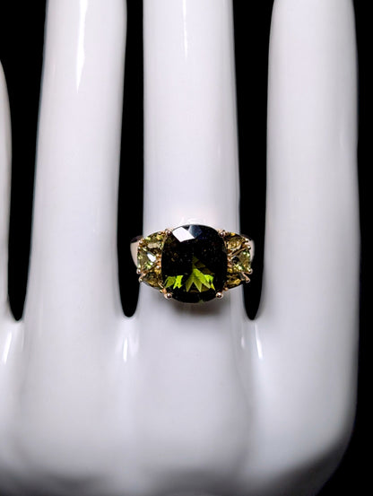 Vintage Cushion Cut Genuine Moldavite Solitaire 10k Yellow Gold Statement Ring