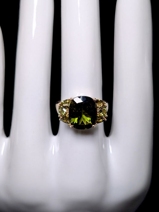 Vintage Cushion Cut Genuine Moldavite Solitaire 10k Yellow Gold Statement Ring
