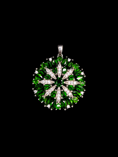 Vintage 6 Carat Genuine Russian Chrome Diopside and Zircon Starburst Rhodium over Sterling Silver Pendant
