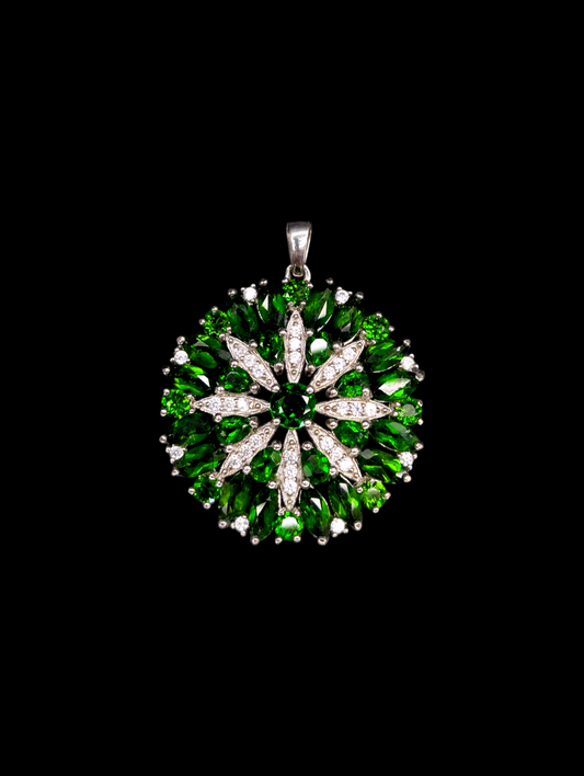 Vintage 6 Carat Genuine Russian Chrome Diopside and Zircon Starburst Rhodium over Sterling Silver Pendant