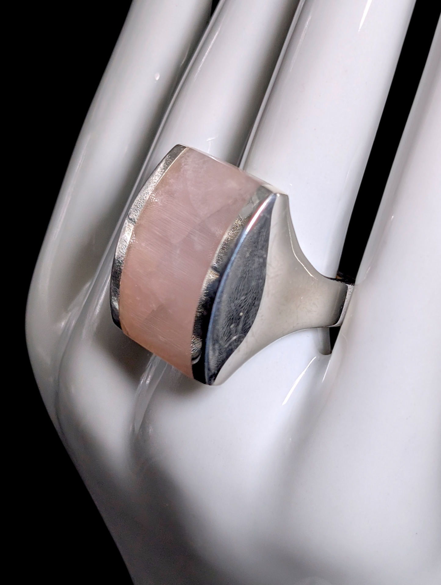 Vintage Italian Designer Modernist Bezel Set Verified Rose Quartz Solitaire Sterling Silver Statement Ring
