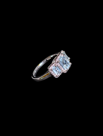 Vintage Emerald Cut Three Stone Genuine Aquamarine and Diamond Accented Halo Sterling Silver Ring