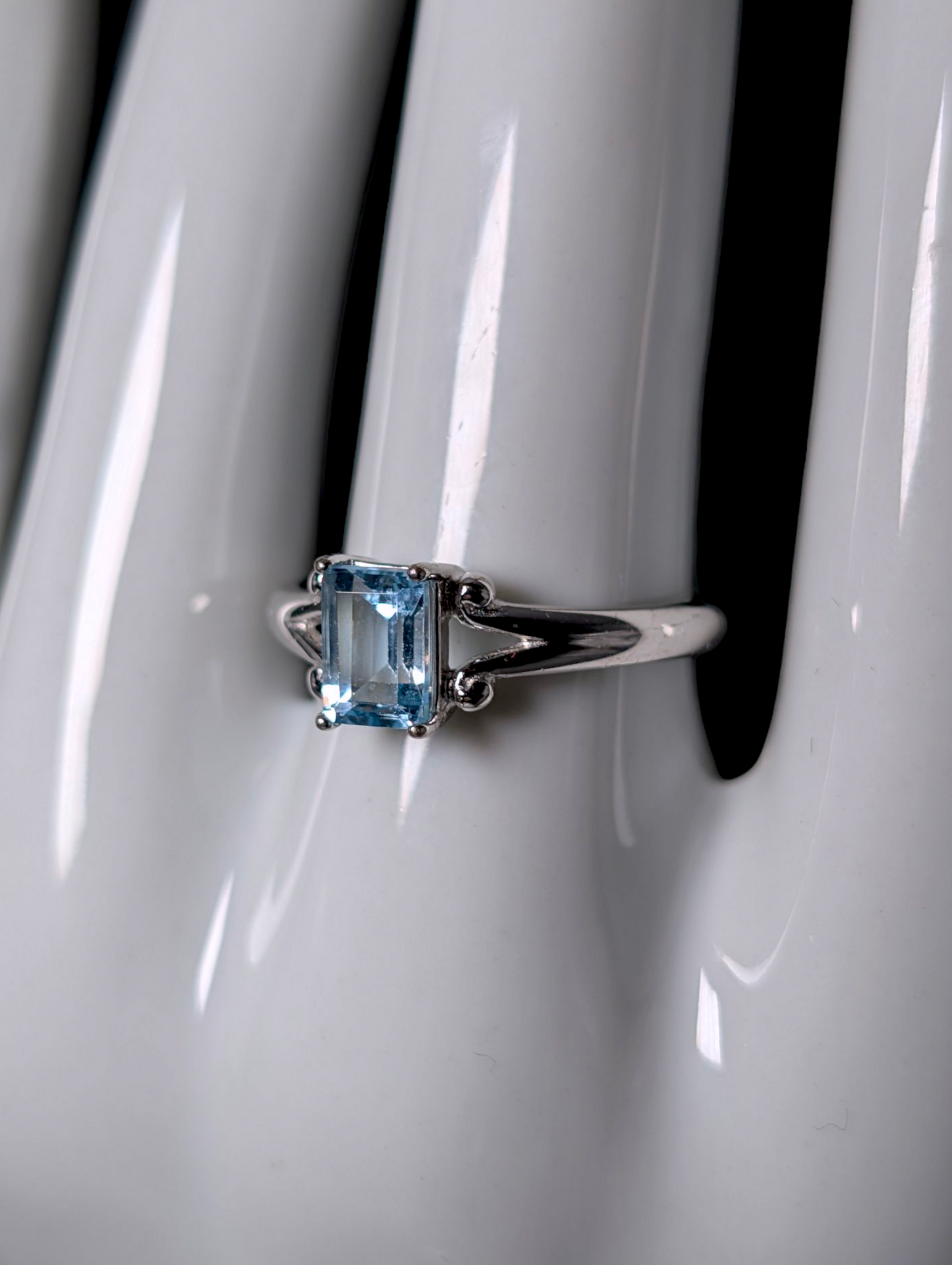 Vintage Emerald Cut Genuine Sky Blue Topaz Solitaire Dainty Sterling Silver Ring