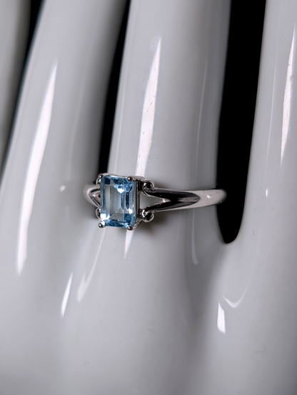 Vintage Emerald Cut Genuine Sky Blue Topaz Solitaire Dainty Sterling Silver Ring