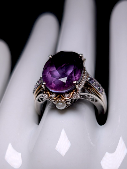 Vintage 12+ Carat Prong Set Oval Genuine Grape Amethyst Solitaire with White Zircon and Cultured Pearl Accent 18k Yellow Gold and Sterling Silver Ring