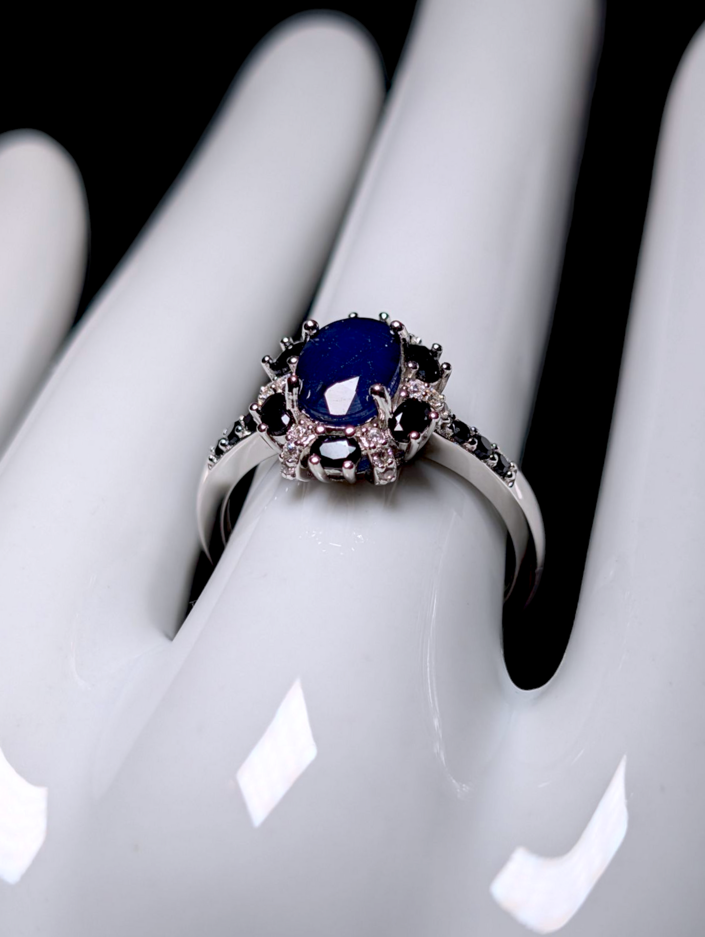 Vintage Earth Mined Oval Cut Genuine Sapphire Solitaire with Simulated Diamond Accents Sterling Silver Ring