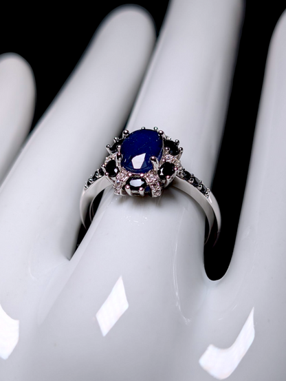 Vintage Earth Mined Oval Cut Genuine Sapphire Solitaire with Simulated Diamond Accents Sterling Silver Ring